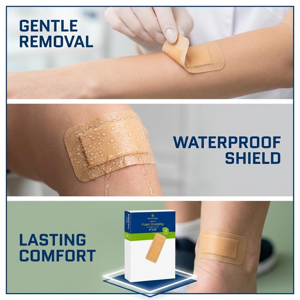Silicone Foam Dressing with Adhesive Border 2"x5" Pack of 5, Silicone Bandages for Wound Care, Waterproof Bandage for Surgical Wounds, Bed Sores & Pressure Ulcers, Gentle Removal & High Absorbency — Amazon image 5