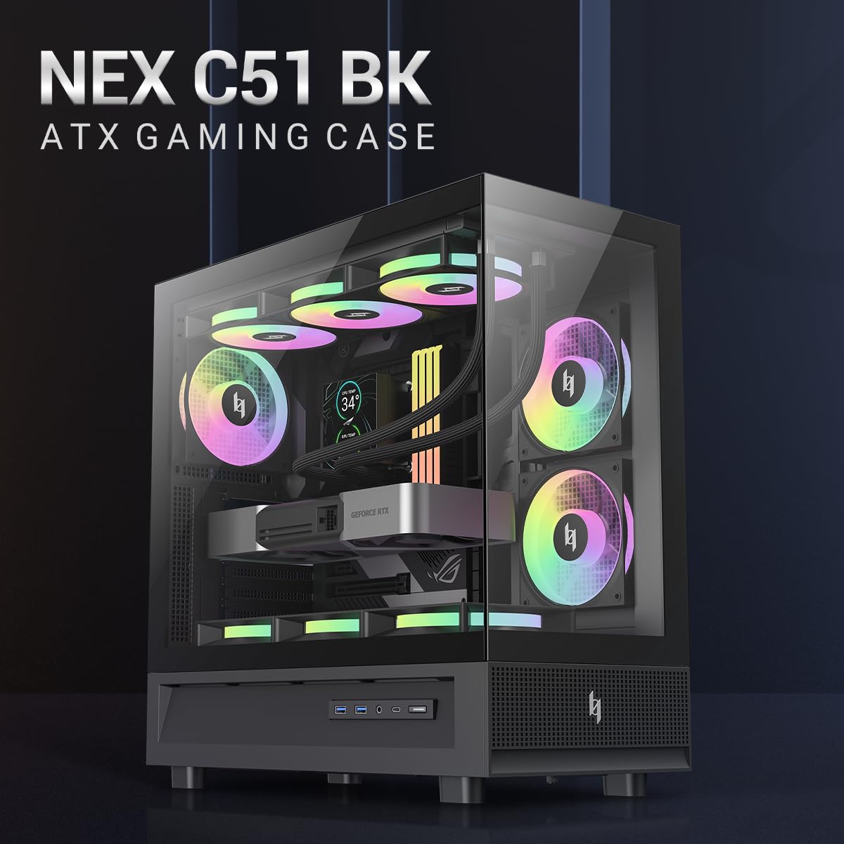 GAMEMAX NEX C51 Panoramiczna obudowa do gier ATX-Mid-Tower, podwójne panele ze szkła hartowanego, 3 fabrycznie zainstalowane wentylatory ARGB PWM 120 mm, typ C, 2 x USB 3.0, górny radiator 360 mm, do