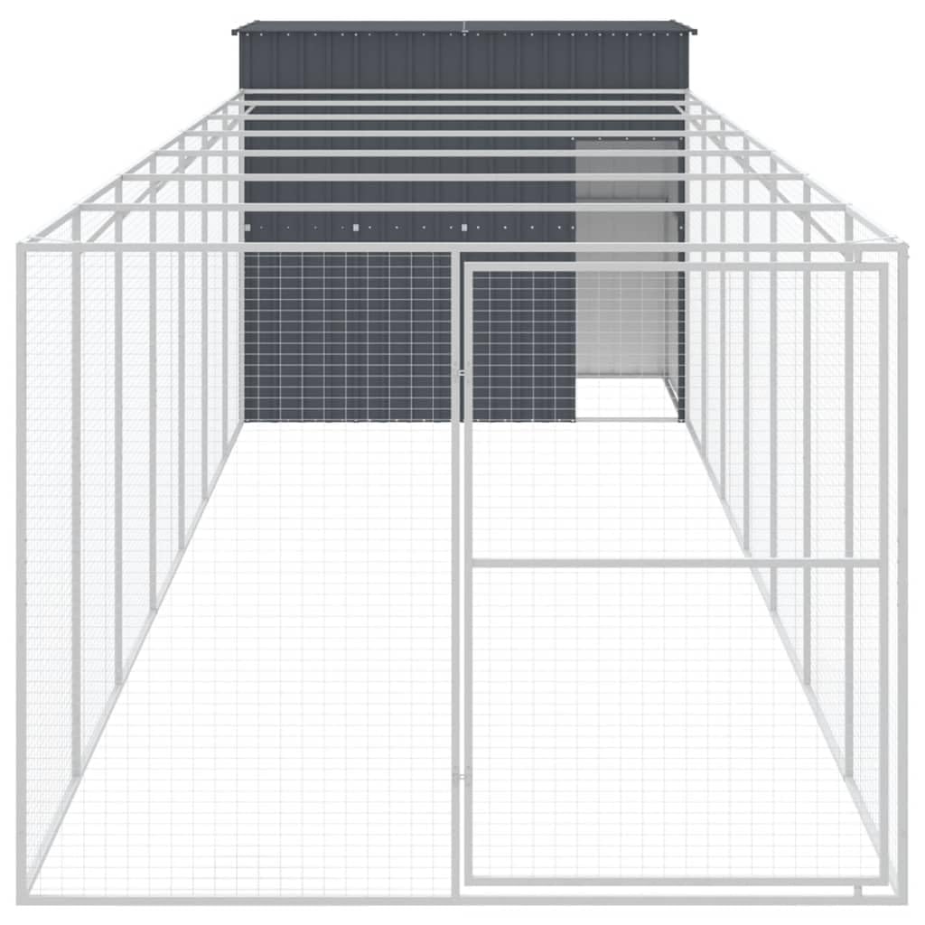 Domek dla psa z antracytowym wybiegiem 214x865x181 cm, wybiegi z siatki stalowej ocynkowanej z dachem, miejscem do zabawy i ćwiczeniami dla szczeniaka, wejście i drzwi z zatrzaskiem