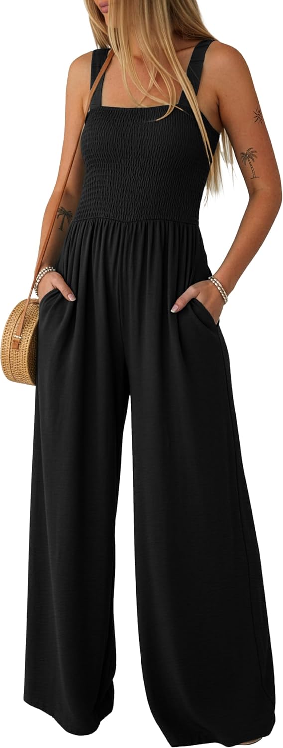 Lepunuo Jumpsuits for Women Casual One Piece Overalls Smocked Wide Leg Long Rompers With Pockets Beach Vacation