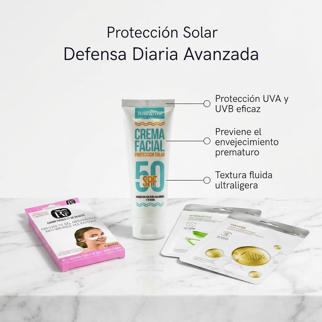 Rose & Rose Kit de Cuidado Facial Completo | Crema Solar Facial SPF 50+ + Mascarilla de Colágeno + Mascarilla de Aloe Vera + Parches de Gel para Ojos | Hidratación, Protección y Revitalización Facial