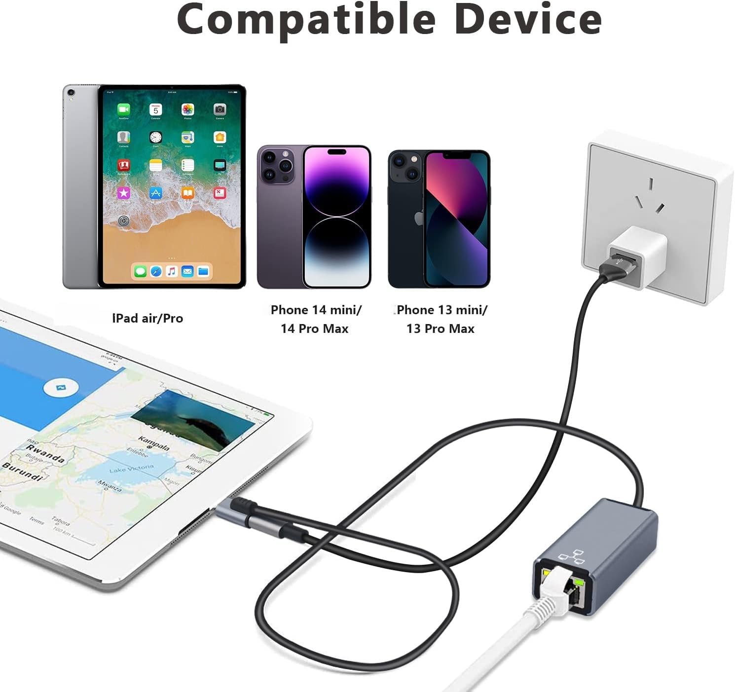 Adattatore da Lightn1ing a Ethernet,100Mbps RJ45 con porta di ricarica,compatibile con i-Phone/i-Pad/i-Pod