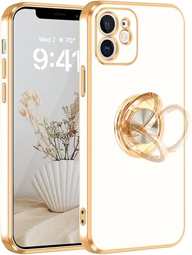 Fingic Funda para iPhone 12 con soporte de anillo giratorio de 360, soporte magnético, borde dorado brillante, funda protectora delgada de TPU suave