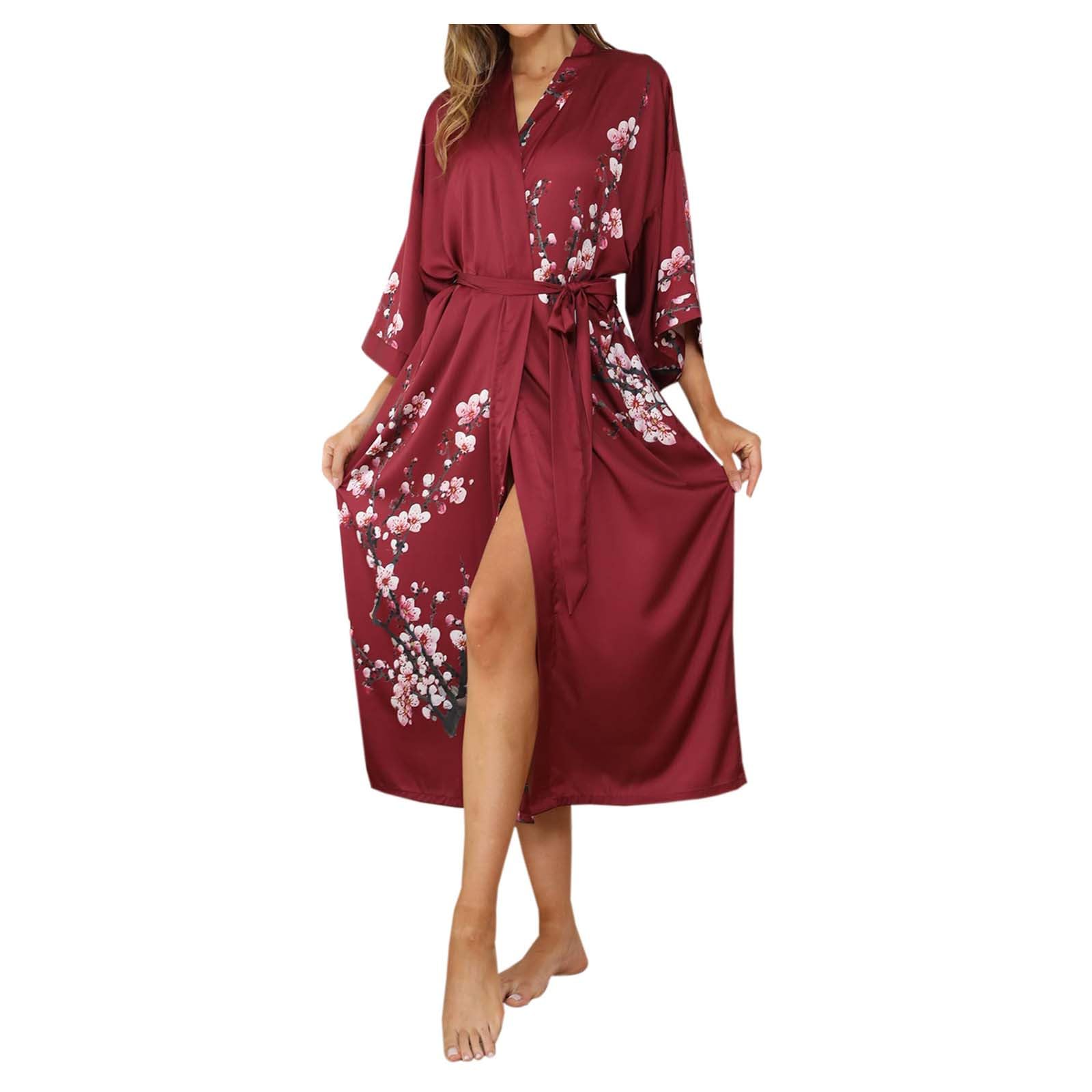 Generisch Kimono de luxe en satin à motif floral pour femme - Peignoir élégant - Vêtements de nuit à manches 3/4 - Robe de nuit confortable