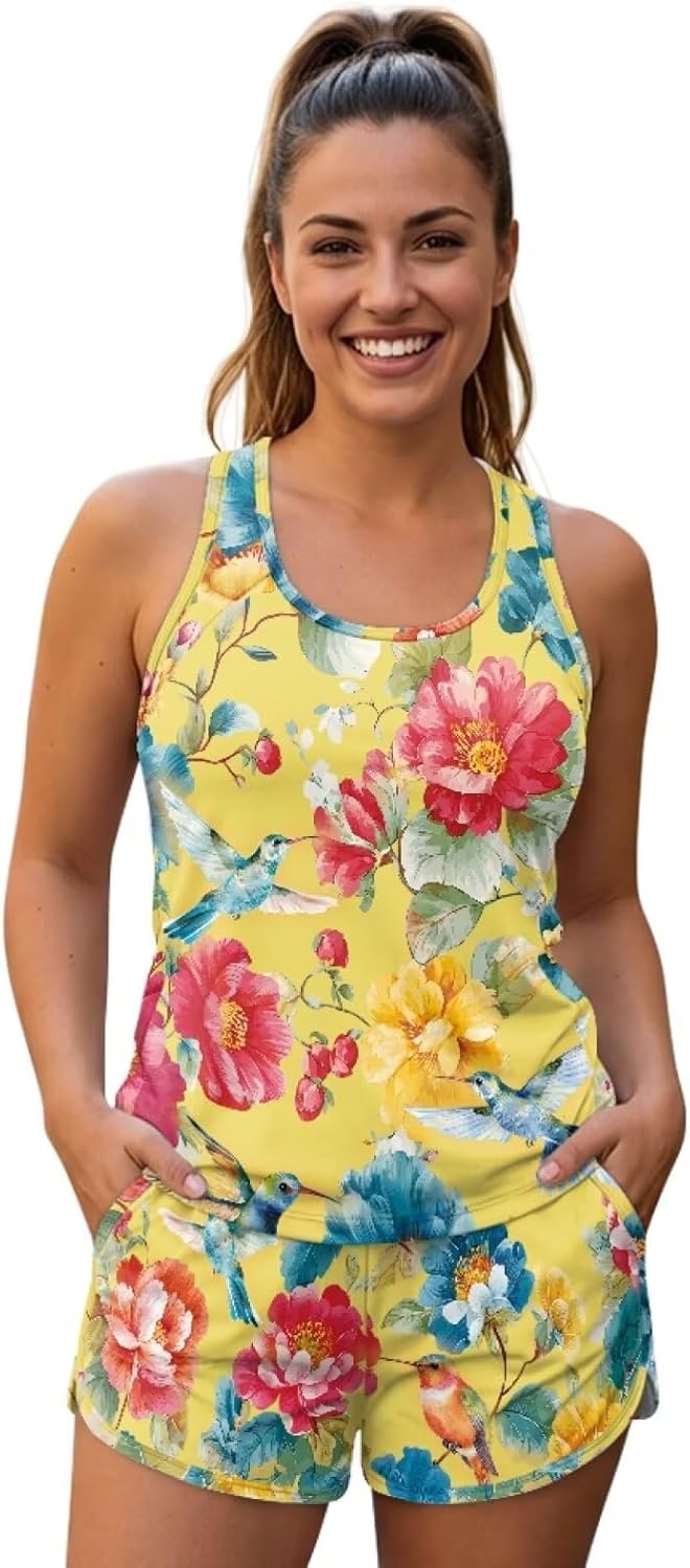 Women's Tankini Swimsuits Tummy Control Bathing Suit Two Piece Swimwear Tops with Boy Shorts