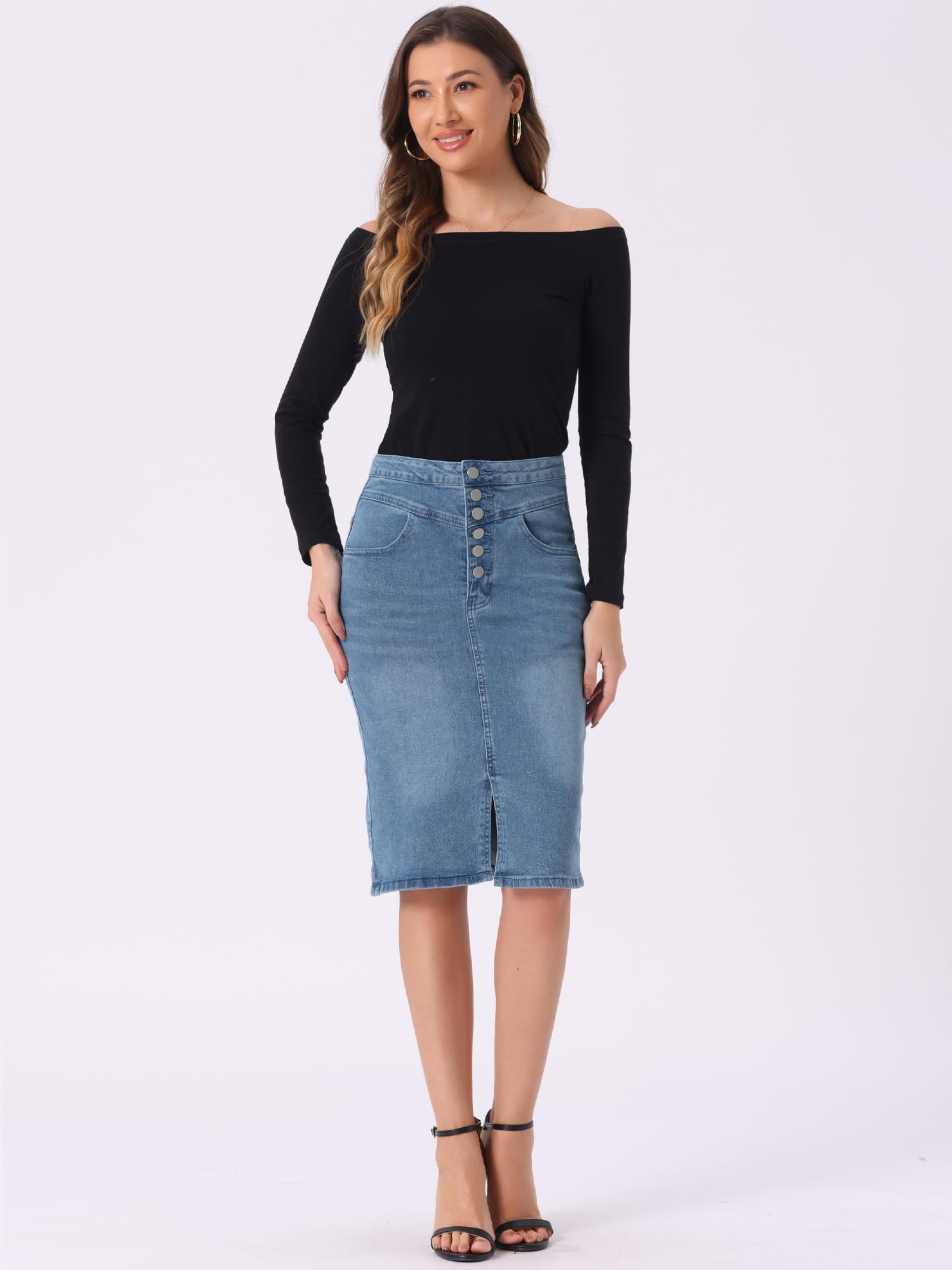 Allegra K Damen Jeansrock Figurbetont Schlitz Denim Minirock