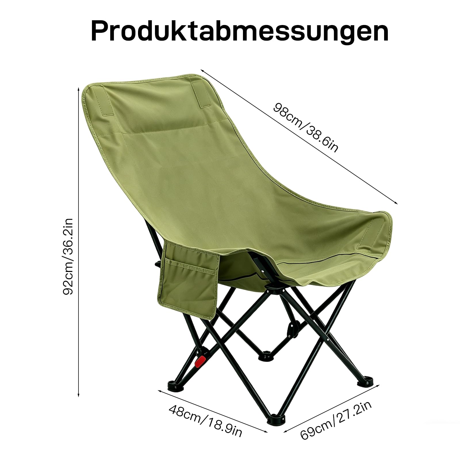 Sedia da campeggio pieghevole con schienale alto, leggera e confortevole, con 2 tasche laterali, ingombro ridotto, ultraleggera, portata di 130 kg, per esterni, spiaggia, escursionismo, verde