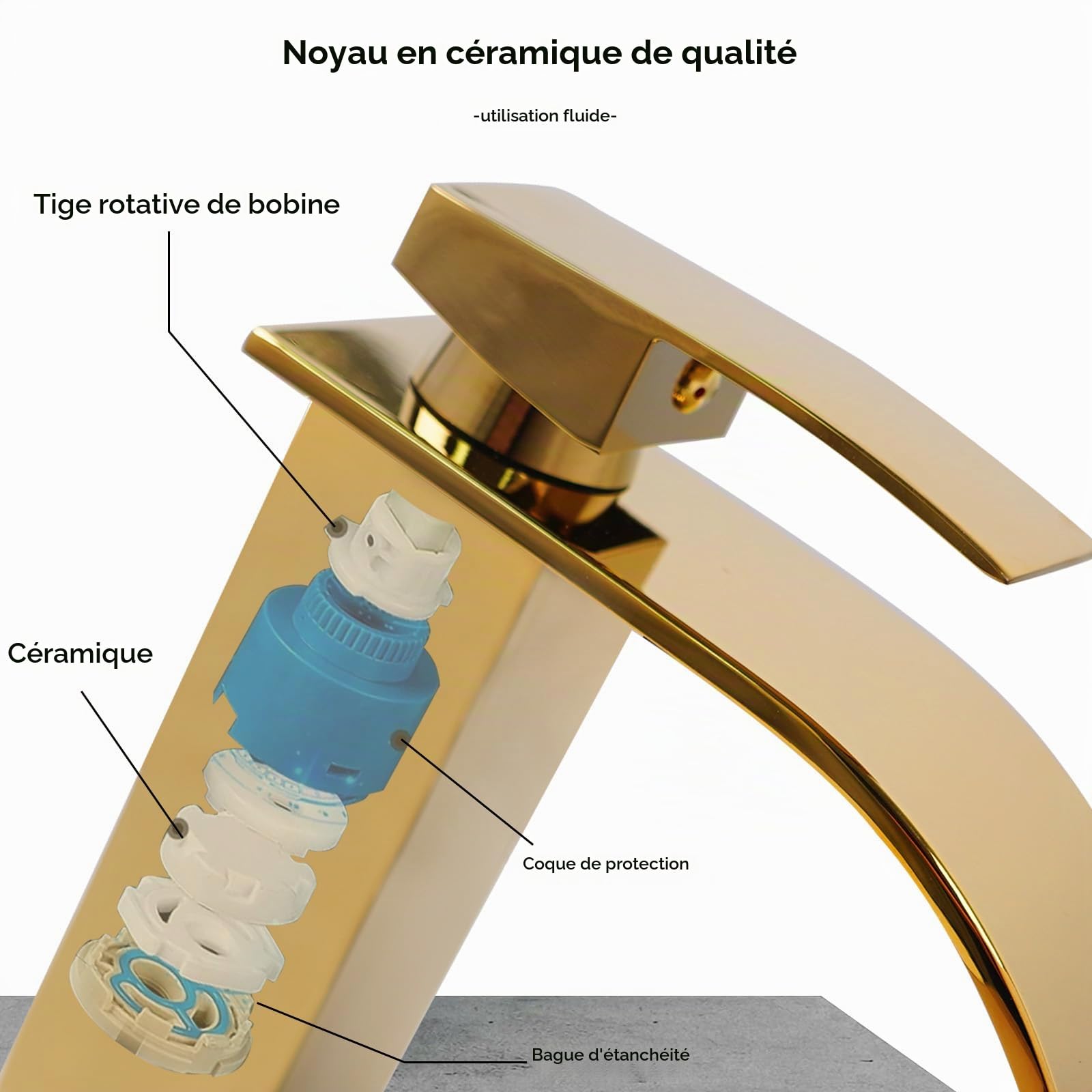 Robinet Salle Bain Robinet Cascade Lavabo en Acier Inoxydable Or | avec Corps en Céramique Pas de Bruit Mitigeur Lavabo Monocommande Chaud et Froid à Double Commande Economies D'eau Chromé Or