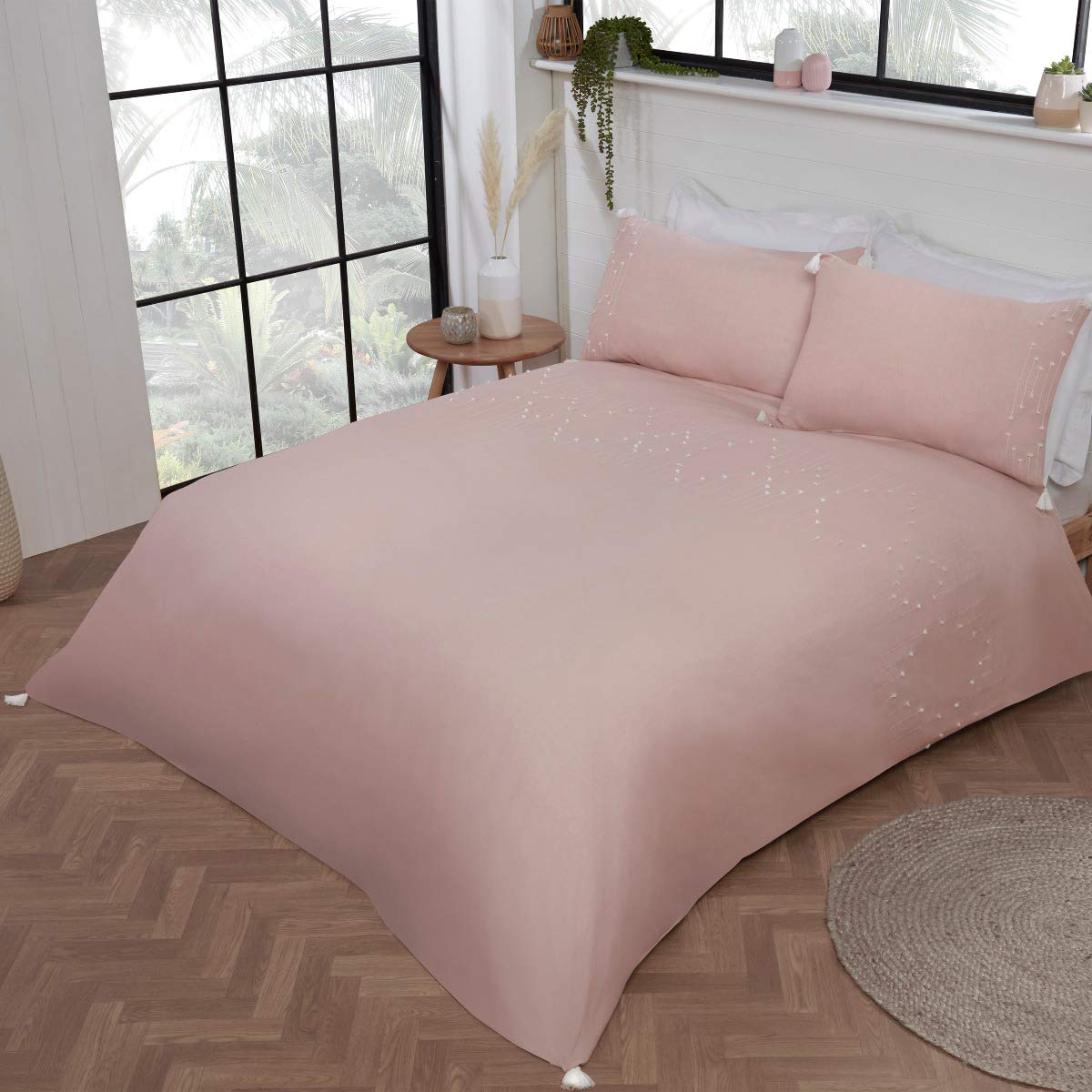 Smart Living Green Luxury Hotel Quality Boho Embroidered Tassels Duvet Cover With Pillowcases - Blush - King (220Cm X 230Cm)