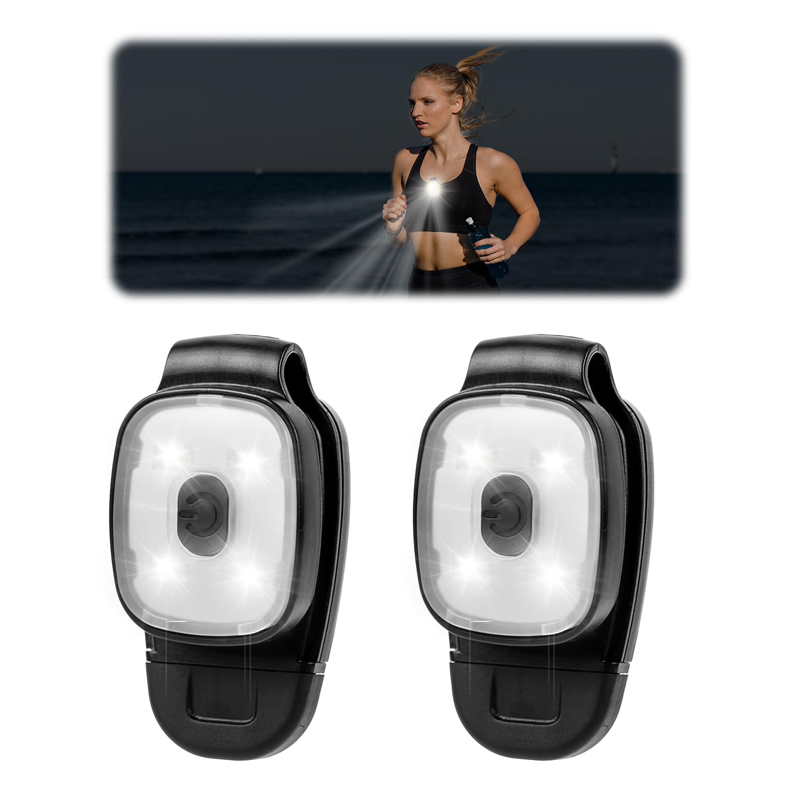 PRETTI 2 Pack LED Clip On Running Lights for Night Safety USB Rechargeable Hands-Free Flashlights with 3 Brightness Modes