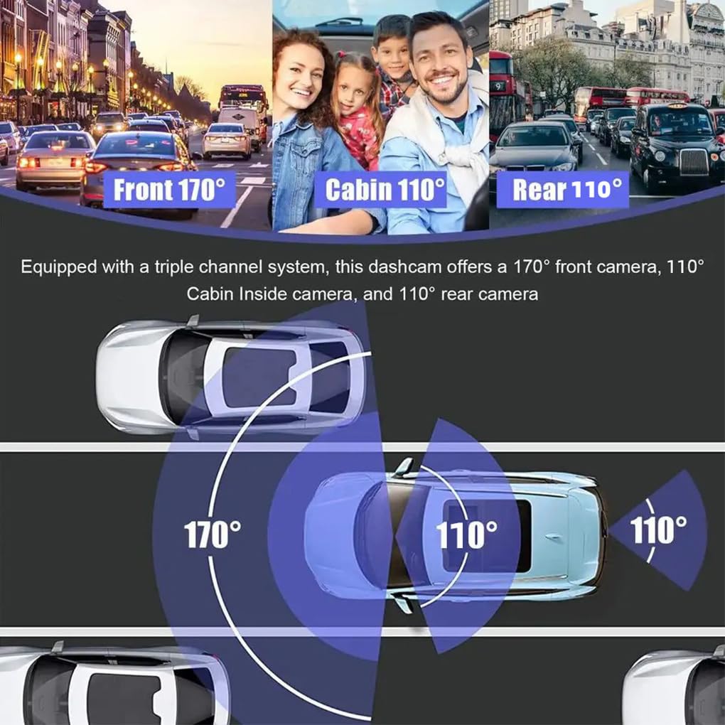 Dash Cam versatile per auto 1080P con telecamere anteriori, posteriori e per abitacolo per una copertura completa Registrazione HD Schermo diviso