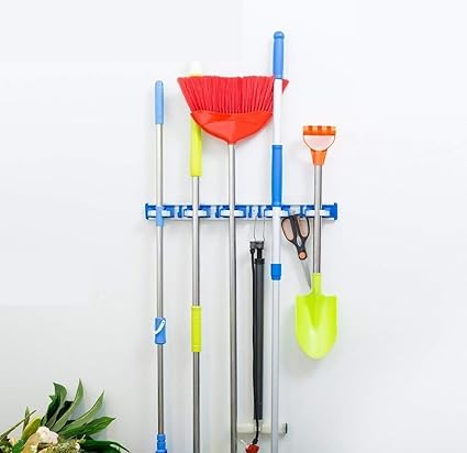 TARGET HYGIENE Aluminium Mop Holder & Broom Holder, 5 Slot Position with 6 Hock Garage Storage Holder Wall Mounted (Alumionium Mop Holder Stand)