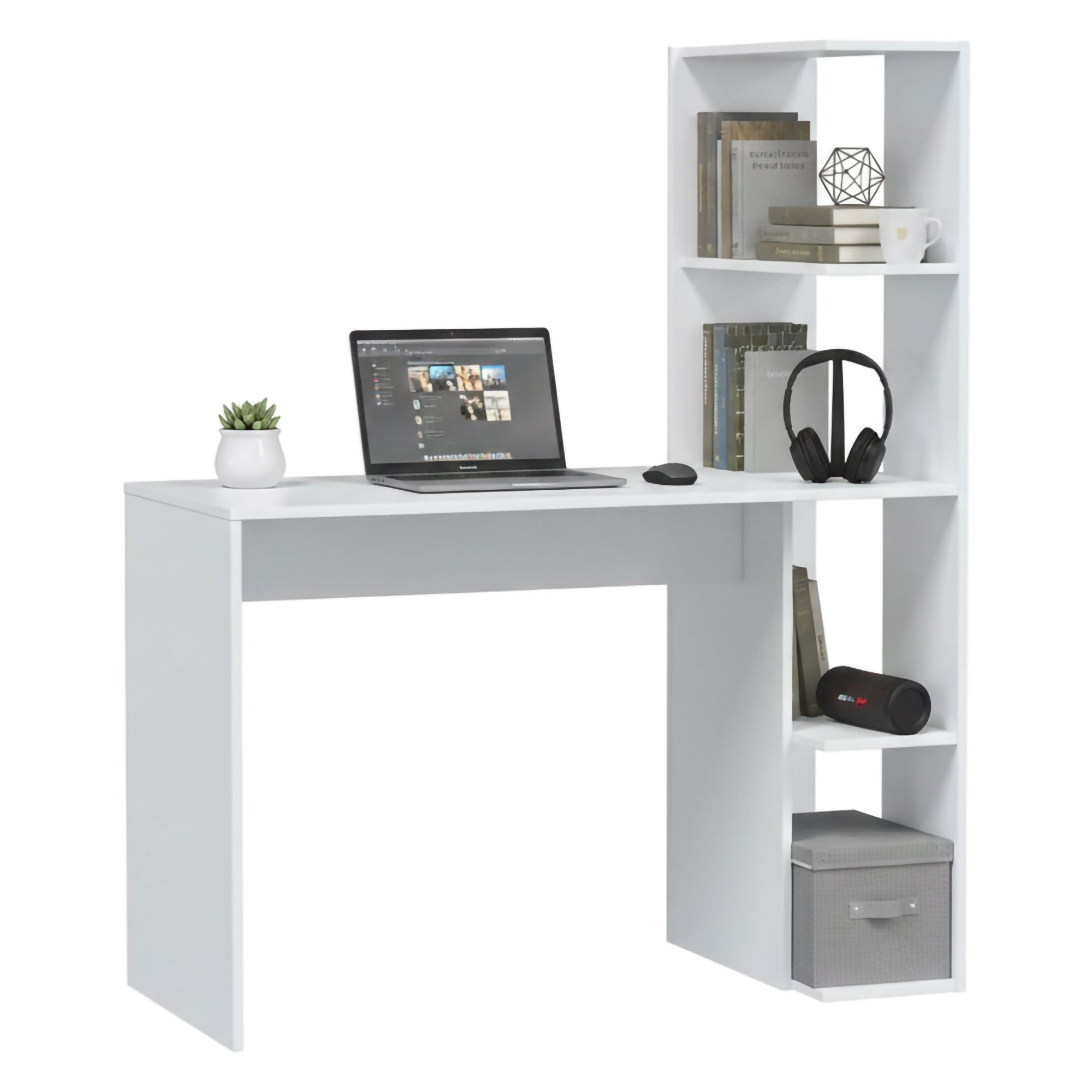 Dmora - Scrivania Pittston, Scrittoio lineare con libreria, Tavolo ufficio multiuso salvaspazio, 110x52h136 cm, Bianco