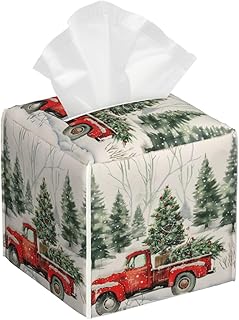 Christmas Tree Red Truck Tissue Box Cover Winter Holiday Snow Square Leather Tissue Case Holder Facial Paper Organizer Decorative for Tabletop Night Stands Desk Bathroom Kitchen Office Home Decor
