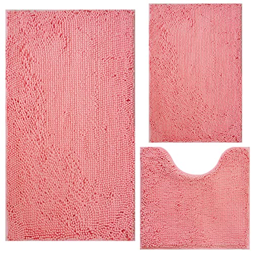Image of Bathroom Rugs Chenille 3-Piece Extra Soft and Absorbent Shag Bathroom Rugs, Machine Wash Mat, Strong PVC Non-Slip Underside, Plush Carpet Mats (Pink)