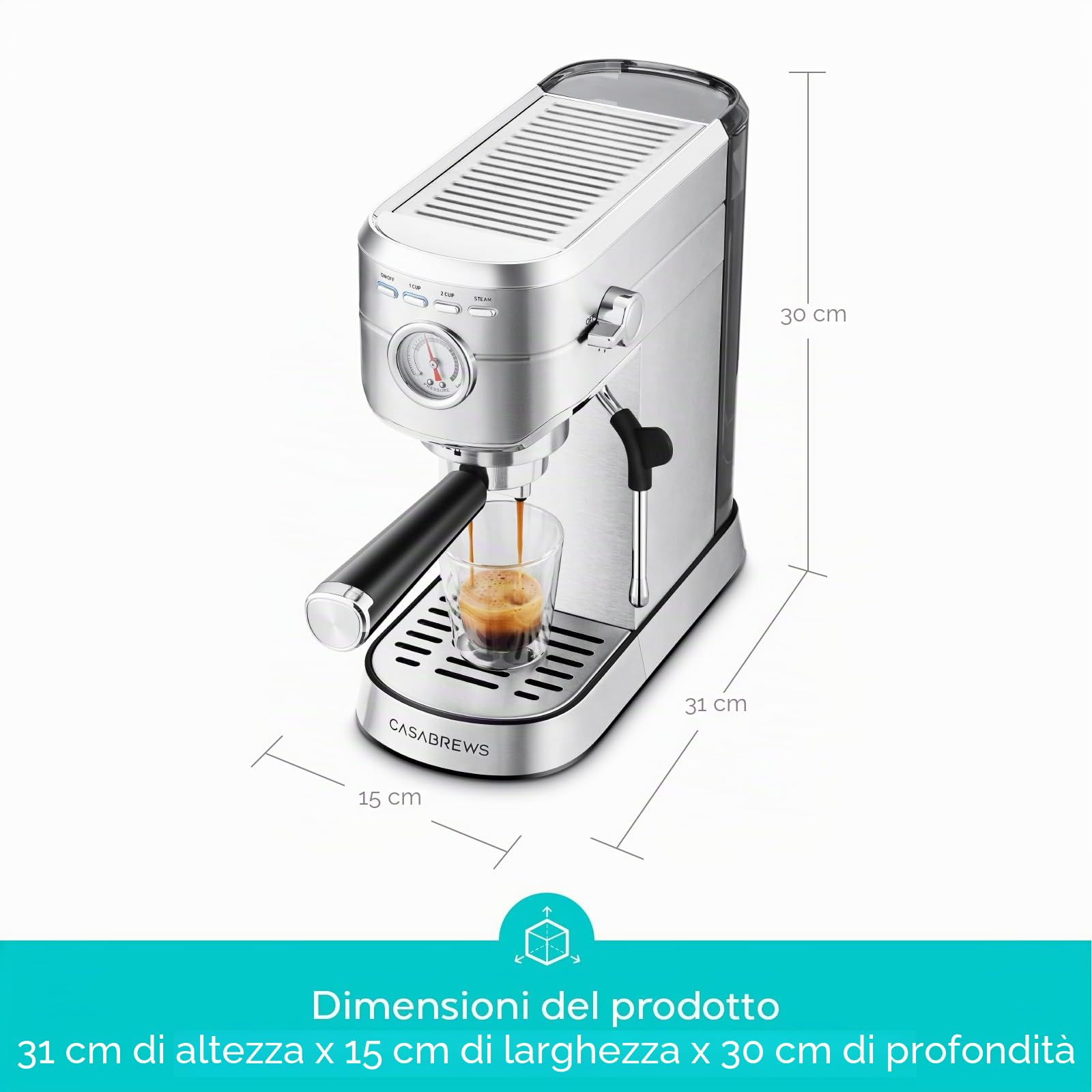 CASABREWS Macchina Caffè Macinato, 20 Bar Macchina da Caffè Espresso Manuale e Cappuccino, Per Polvere, Serbatoio Estraibile 1L, 1350W, Piano Scaldatazze, Inox, Argento