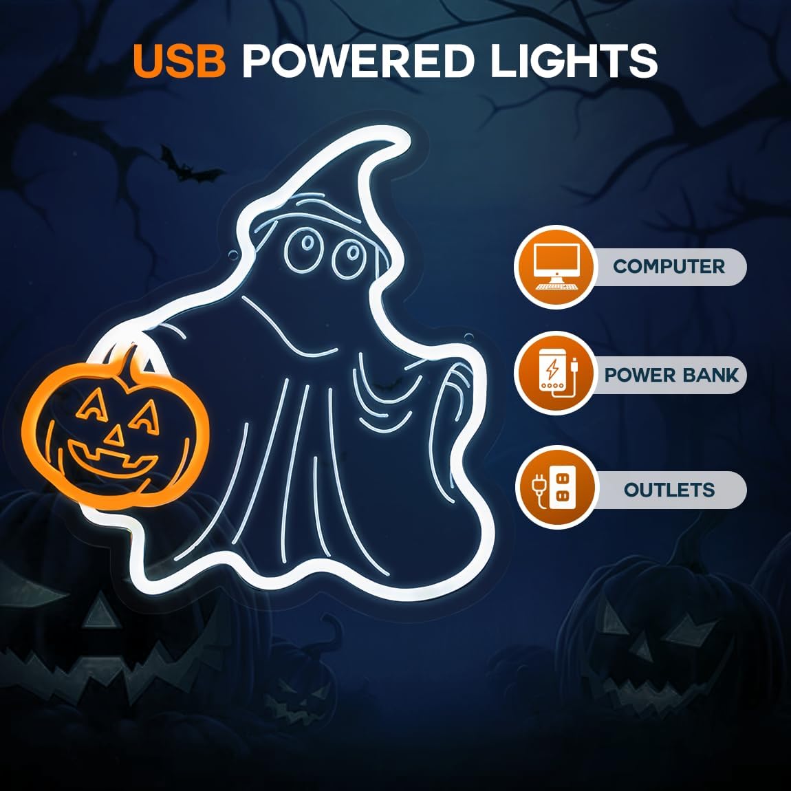 Lumoonosity Ghost Pumpkin Halloween Neon Sign - Cute Smiling Spooky Halloween Ghost Pumpkin Night Light- Ghost Neon Light USB Powered with On/Off Switch - Ghost Led Light for Living Room, Bedroom