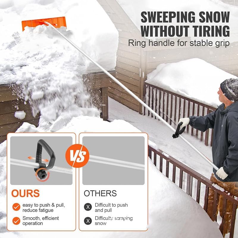 Snow Roof Rake, 148-610cm Reach Aluminium Handle, Superior Roof Shovel with Anti-Slip Handle Grip, Easy to Setup & Use for House Roof, Wet Leaves, Car Snow