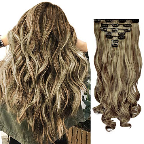 FESHFEN Clip in Hair Extensions 7 PCS Full Head 20 inch Curly Wave Synthetic Clip Hair Piece Wavy Hairpiece for Women Girls, Brown & Blonde