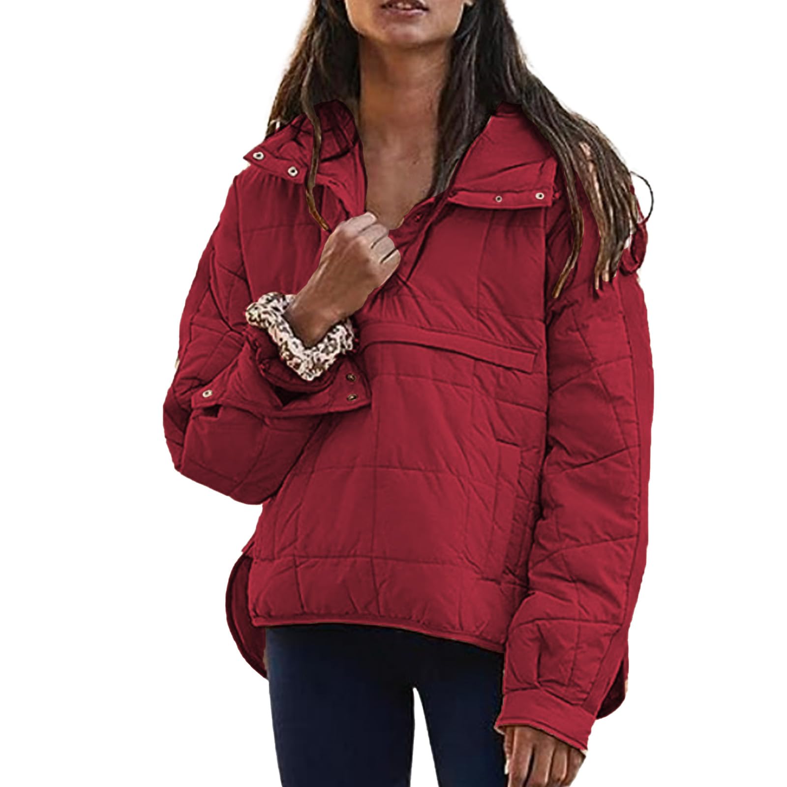 uSecee Women's Thickened Down Jacket Parka Hooded Long Puffer Coat for Winter Red
