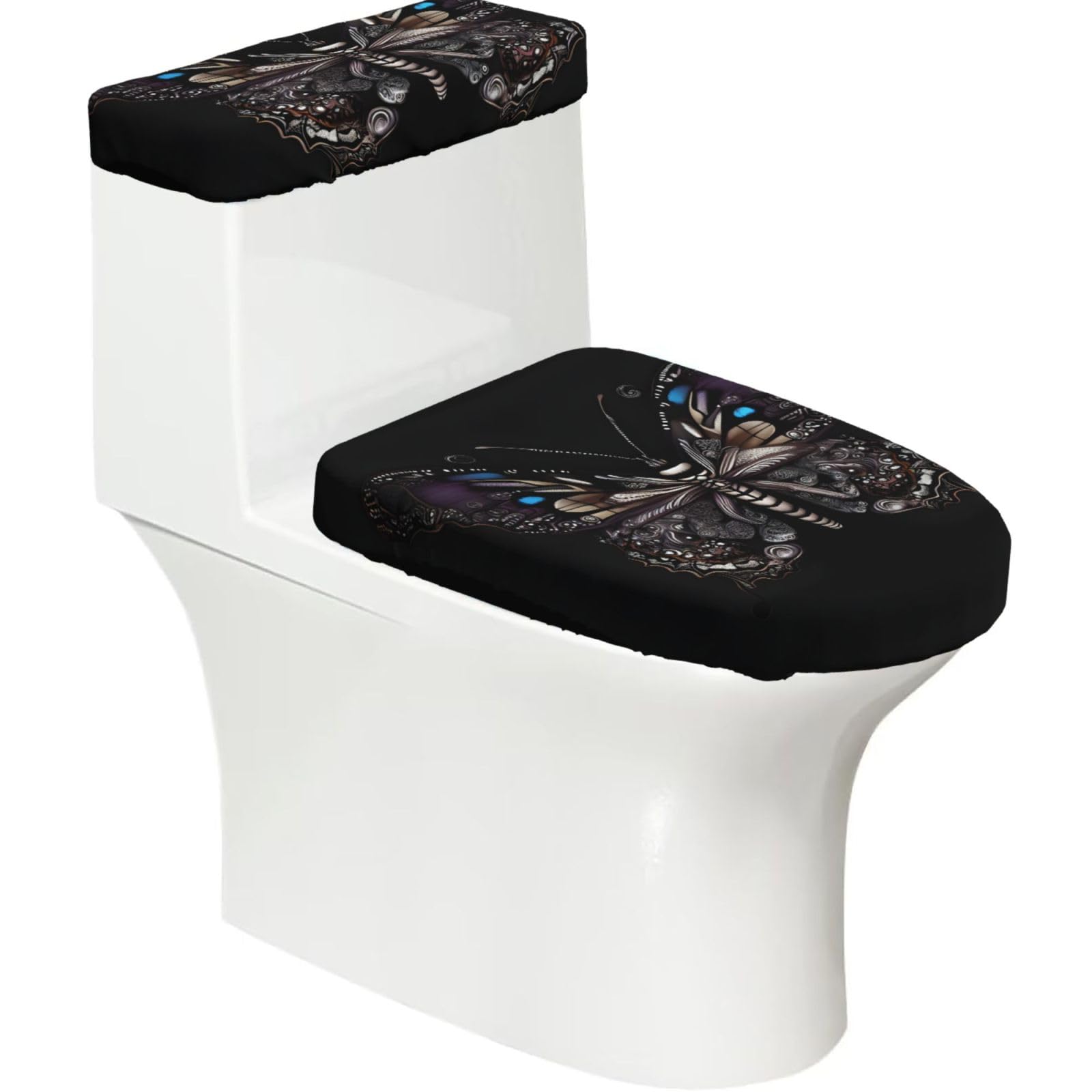 Cntdbu Black Science Butterfly Elastic Toilet Cover Set Of 2-Stretchy Lid And Tank Covers For Bathroom, Soft Washable U Shape Toilet Decor
