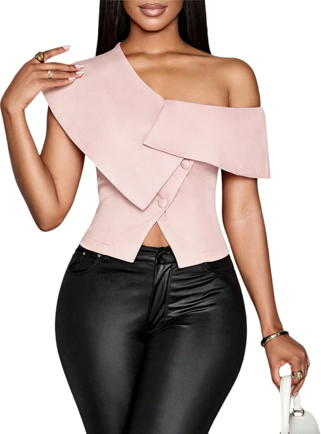 OYOANGLE Women's Off The Shoulder Short Sleeve Fitted Blouse Button Split Hem Dressy Top