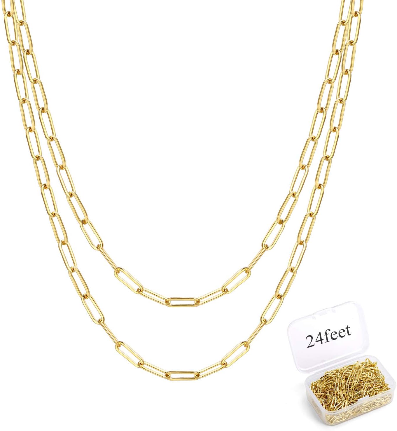 ALEXCRAFT 24 Feet 14K Dainty Gold Plated Brass Paperclip Chain Link Bulk for Jewelry Making(3x9mm)