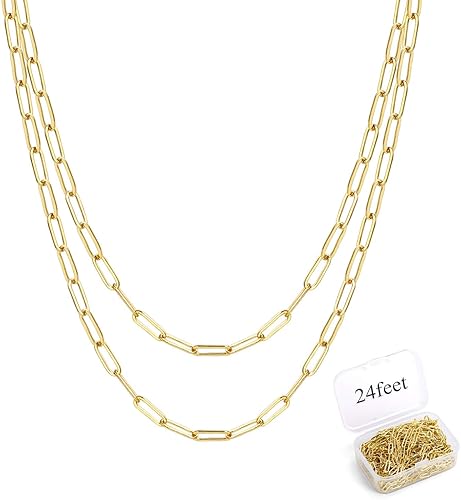 ALEXCRAFT Cadena de clip de latón chapado en oro de 14 quilates de 24 pies a granel para fabricación de joyas (0.118 x 0.354 in), Latón