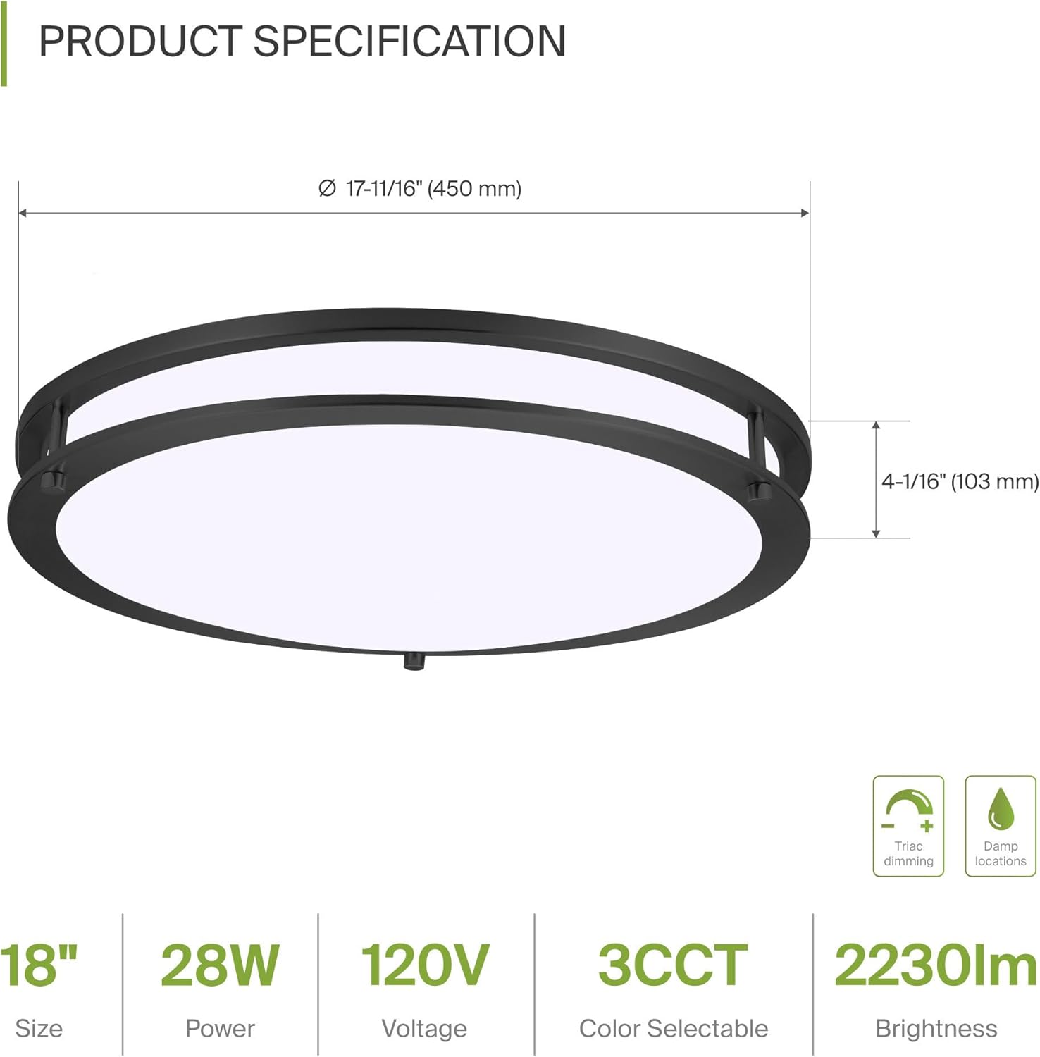 ASD LED 18" Round Flush Mount Lighting, Close to Ceiling Light Fixture | 3CCT, Dimmable, Energy Star, ETL Listed | 28W 2230LM 3000-5000K 120V | Low Profile Double Ring Lamp | Dark Bronze