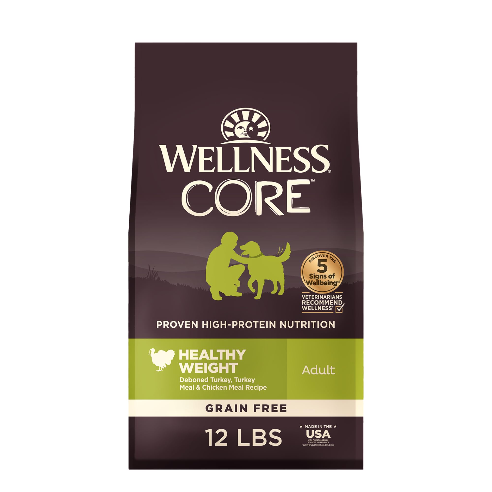 Wellness CORE Healthy Weight Adult Dry Dog Food, Grain Free Kibble, Natural, High Protein, Turkey and Chicken Recipe, 12 lb Bag Turkey Healthy Weight 12 pounds