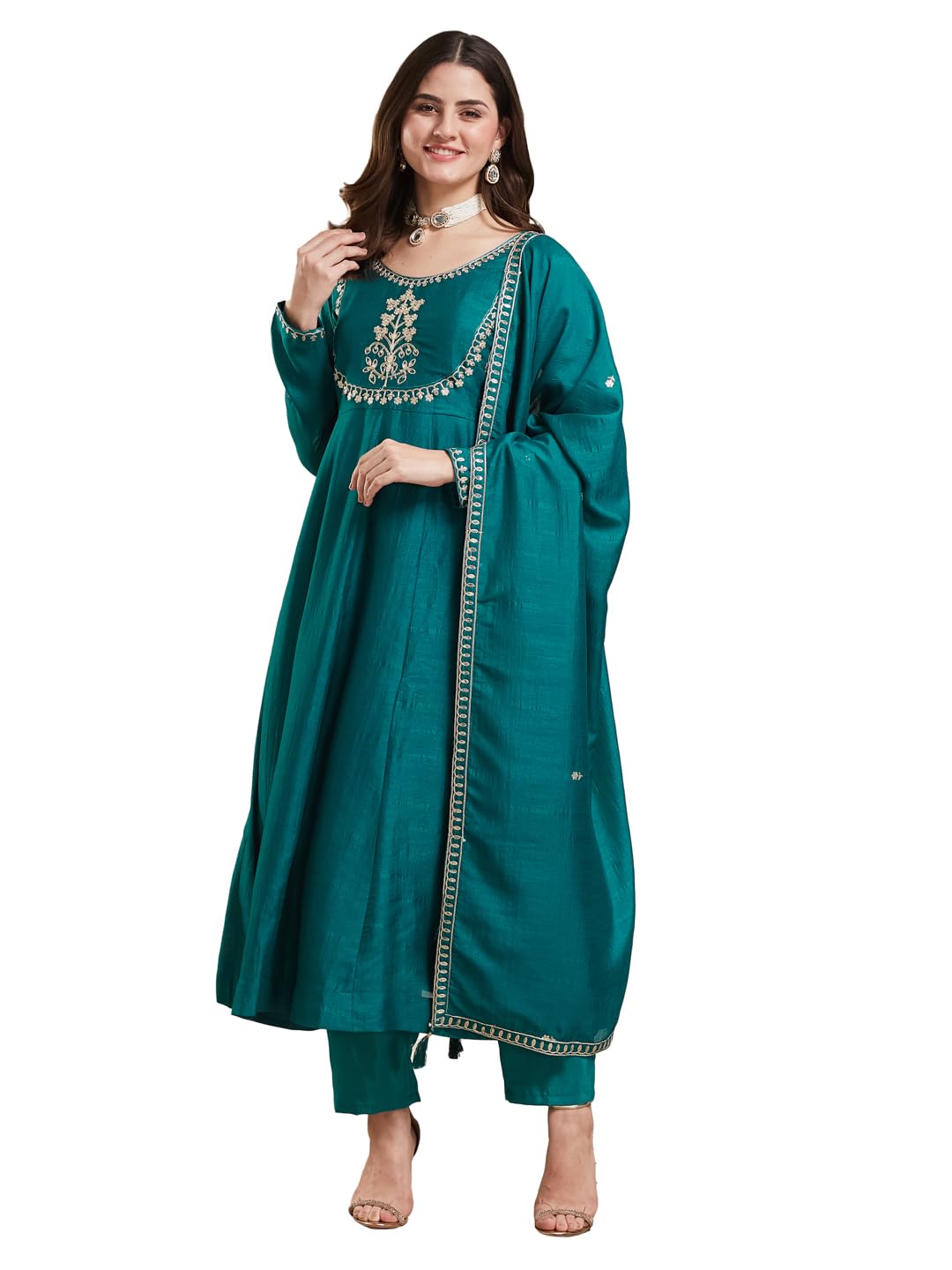 MOKOSH Women's Silk Embroidered Anarkali Kurta and Pant with Dupatta Set | 3 Piece Ethnic Kurta Set for Women | Regular Fit Traditional Outfit | Festive Kurti Set
