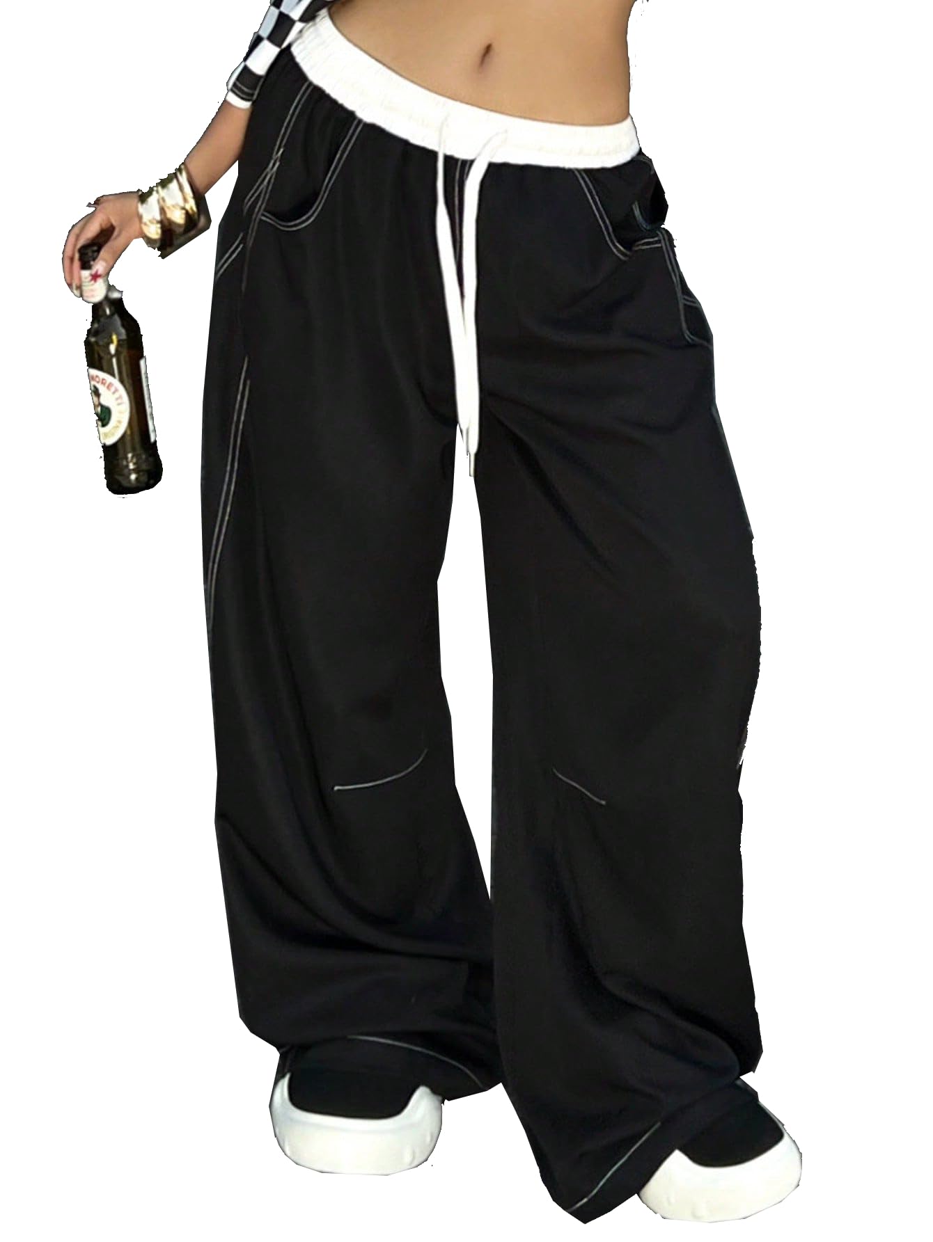 Womens Y2K Stitching Wide Leg Fall Pants Drawstring Waist Hip Hop Streetwear Baggy Track Pants