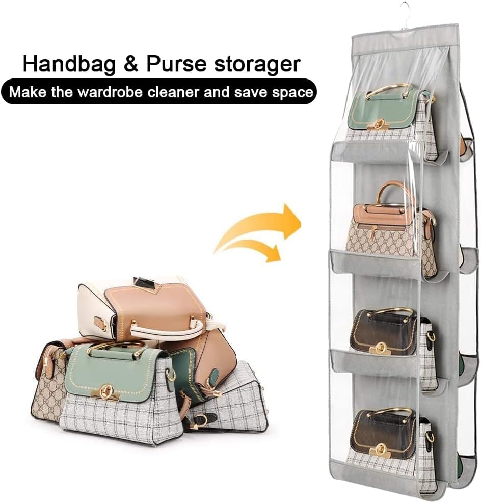 Image of Handbag Hanging Organizer for Wardrobe, 8 Pocket Purse Storage Hanger, Foldable Closet Organizer, Oxford Cloth Handbag Holder for Closet, Bedroom, Space Saving Bag Organizer (Grey)