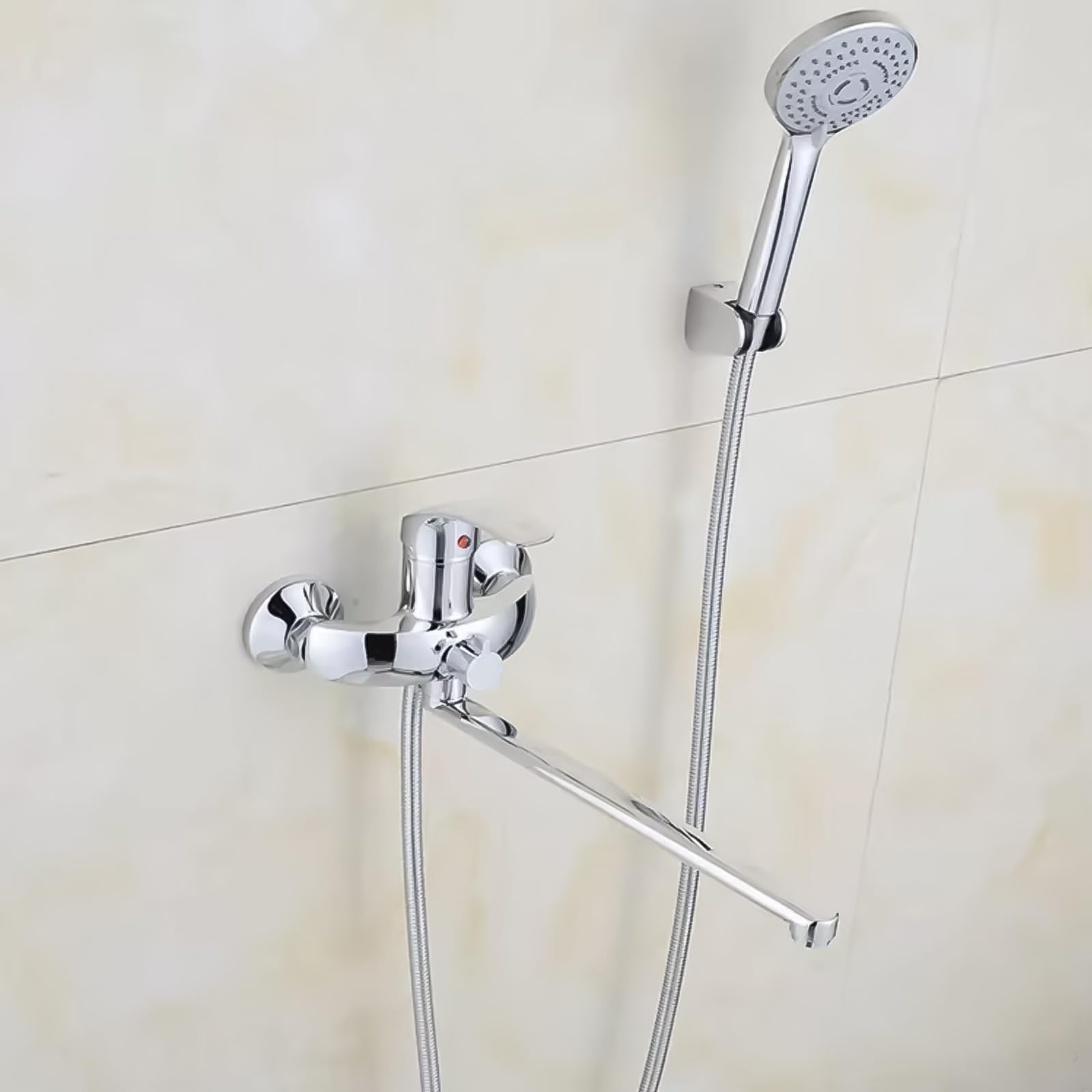 Bateria wannowa z słuchawką prysznicową, montaż ścienny, bateria mieszakowa, zestaw prysznicowy o 90°, obrotowa wylewka z 3 rodzajami strumienia, głowica prysznicowa i wąż, jednouchwytowa bateria