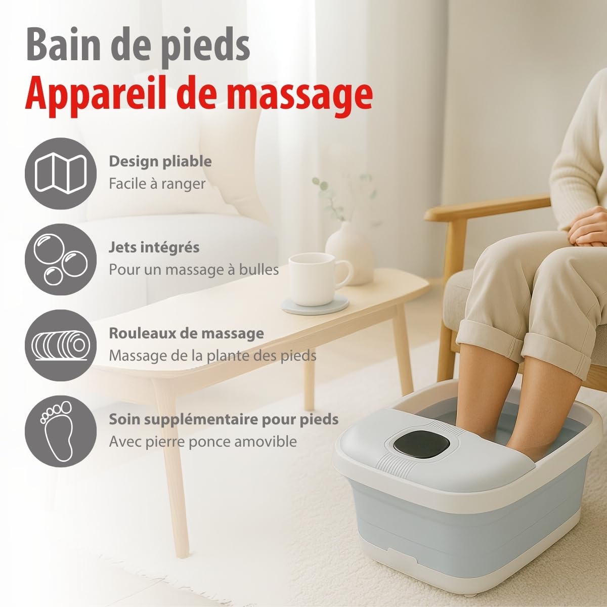alpina Spa Pieds 8L 500W – Bain de Pieds Pliable Chauffant avec Bulles – Rouleaux Massage et Pierre Ponce – Spa Relaxation Maison Pieds – Bleu Clair