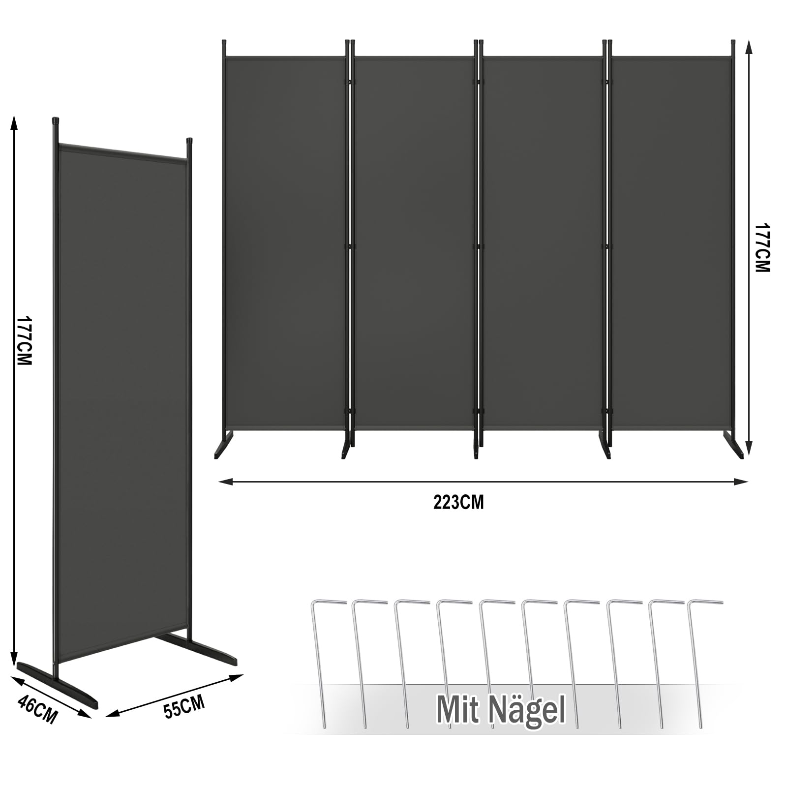WOLTU Paravent, Raumteiler klappbar freistehend Sichtschutz, Trennwand 4 teilig 223x177 cm, Stellwand für innen Outdoor Garten Balkon Terrasse, Raumtrenner Dunkelgrau