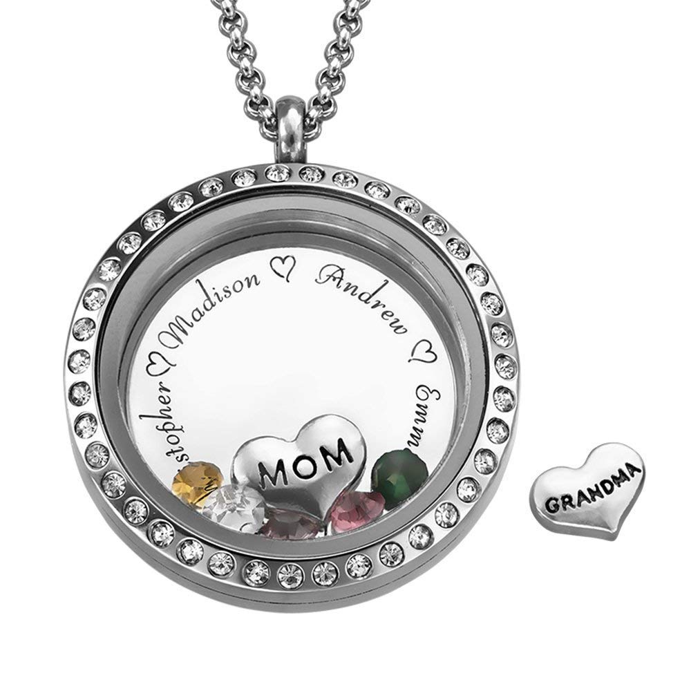 Baebaby Personalised Floating Charms 925 Sterling Silver Engraved Locket Jewelry Customised with Birthstones 18" Chain Jewelry Gift for Mom Grandmother