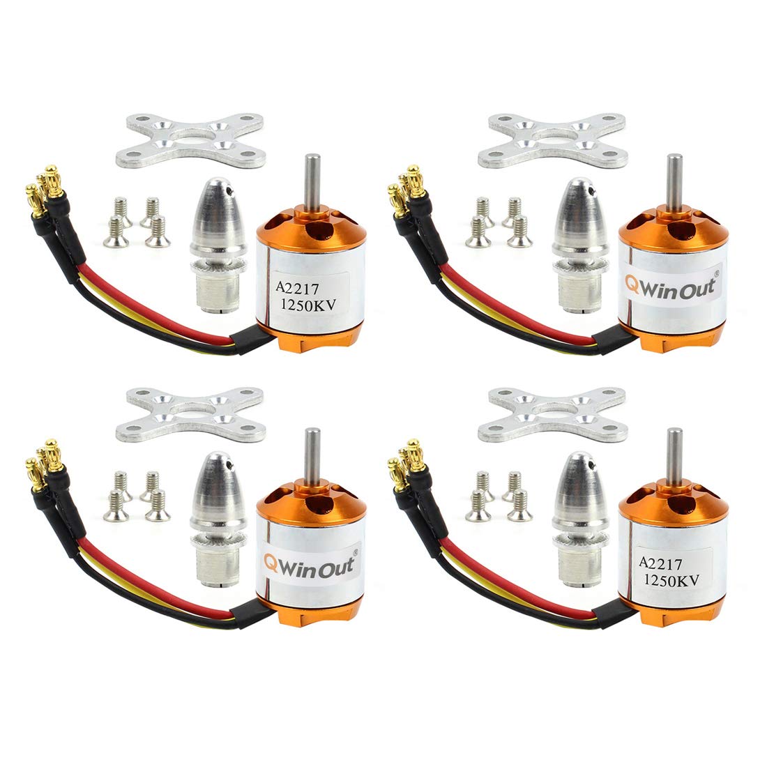 QwinoutA2217 950KV 1250KV 1500KV 2300KV Outrunner Brushless Motor 3-4S with 3.5mm Male Banana Bullet for for DIY RC Drone Kit RC Airplane Aircraft (4 Pcs,1250KV Soldered)