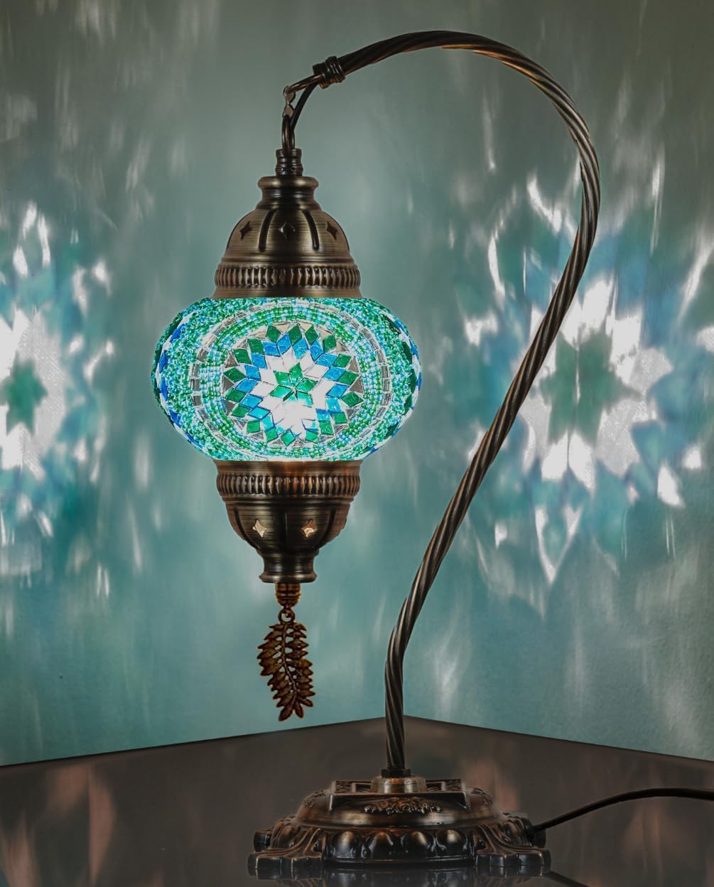 DEMMEX Turkish Moroccan Mosaic Table Lamp – Handcrafted Tiffany-Style Colorful Glass Swan Neck Bedside, Desk, Table Light, Boho Artisan Accent Lighting for Bedroom or Living Room – 15" H, Turquoise