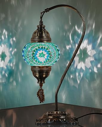 DEMMEX Turkish Moroccan Mosaic Table Lamp Handcrafted Tiffany-Style Colorful Glass Swan Neck Bedside, Desk, Table Light, Boho Artisan Accent Lighting for Bedroom or Living Room 15" H, Turquoise