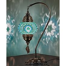 DEMMEX Turkish Moroccan Mosaic Table Lamp &ndash; Handcrafted Tiffany-Style Colorful Glass Swan Neck Bedside, Desk, Table Light, Boho Artisan Accent Lighting for Bedroom or Living Room &ndash; 15" H, Turquoise