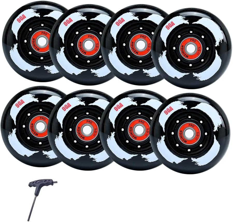 Replacement Inline Skate Wheels 8 Pack 72/76/80mm 90A Hardness High-Speed Durable for Pro Recreational Skaters (Black,76mm)