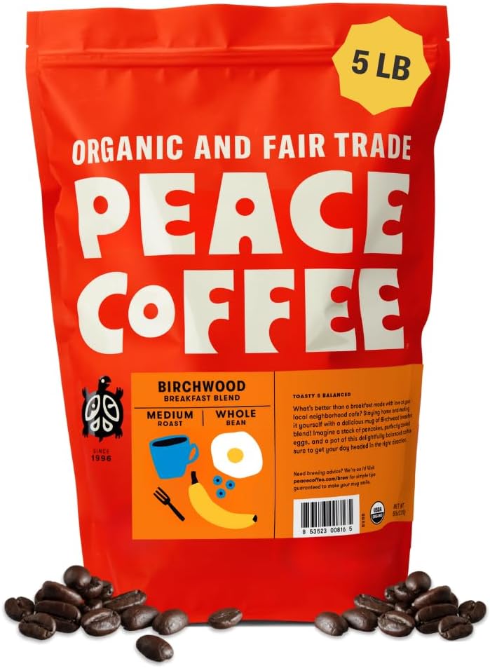 Peace Coffee Birchwood Breakfast Blend Medium Roast Whole Bean Coffee, 5 lb, Organic Fair Trade, Smooth, Mild Flavor, Shade Grown, Fresh Roasted