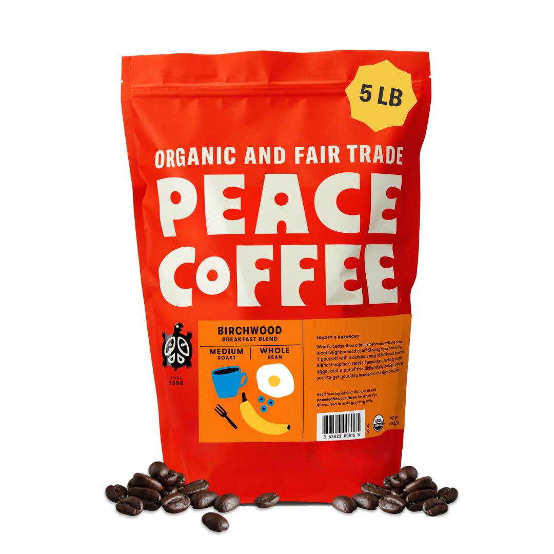 Peace Coffee Birchwood Breakfast Blend Medium Roast Whole Bean Coffee, 5 lb, Organic Fair Trade, Smooth, Mild Flavor, Shade Grown, Fresh Roasted