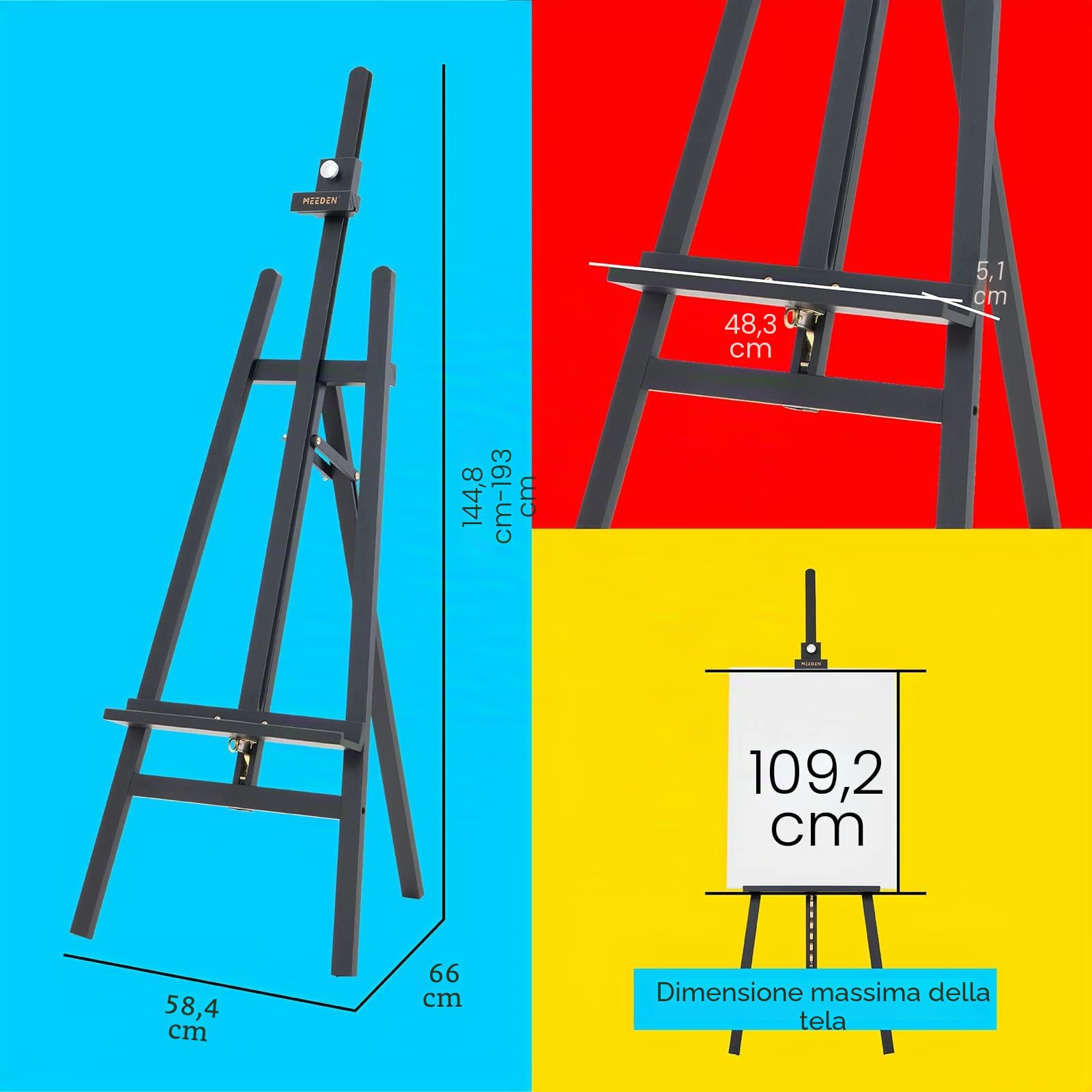 MEEDEN Cavalletto per Pittura Legno, Grande Regolabile Cavalletto per Dipingere 145-193 cm, Design a Forma di A Cavalletto per Pittura Sostiene Tele fino a 109cm, Nero