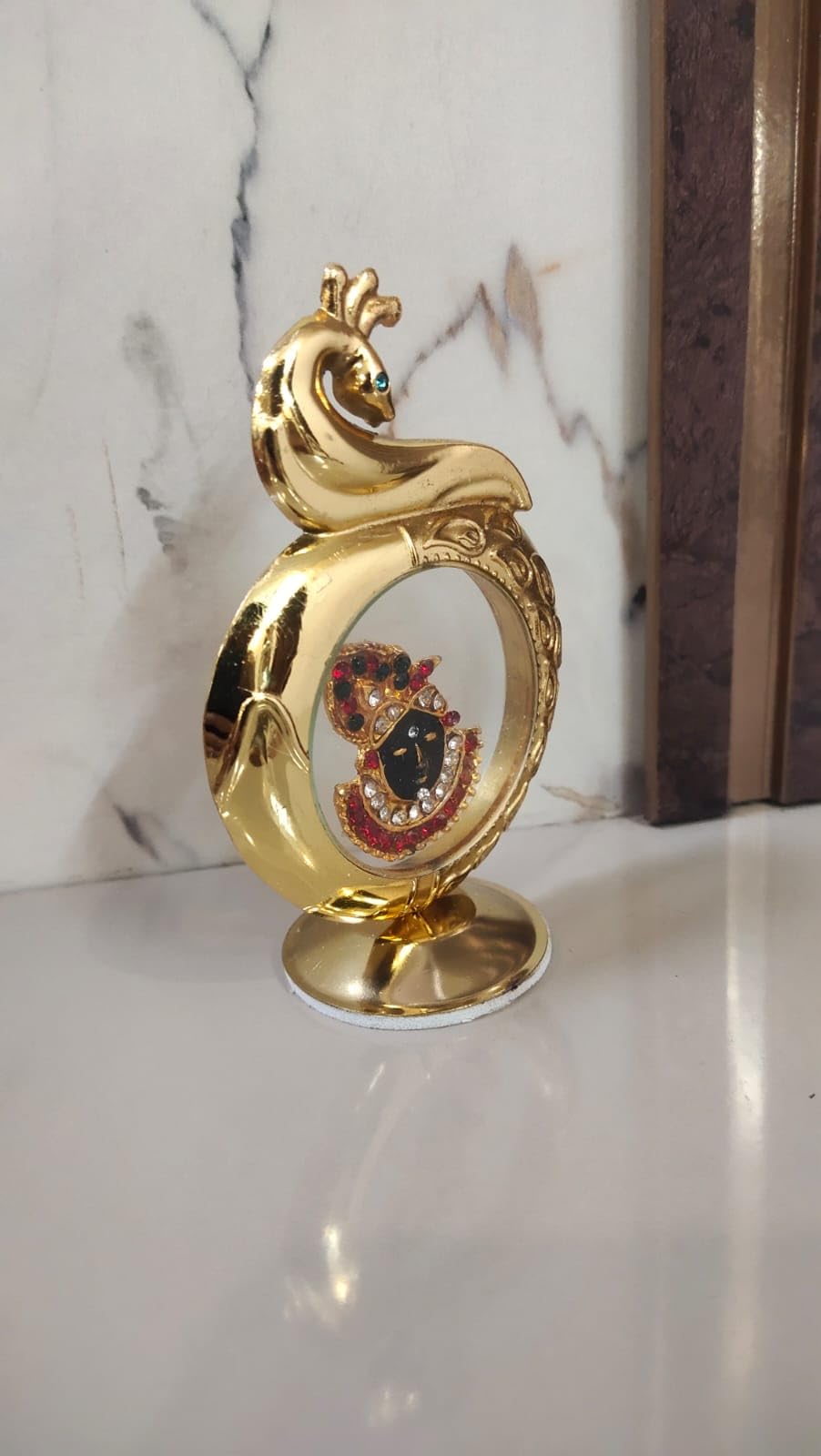 Pooja crafty hands shree nath Ji Decorative Gold-Plated Peacock Design Stand with Crystal-Studded Religious Deity Motif, Traditional Indian Style 2