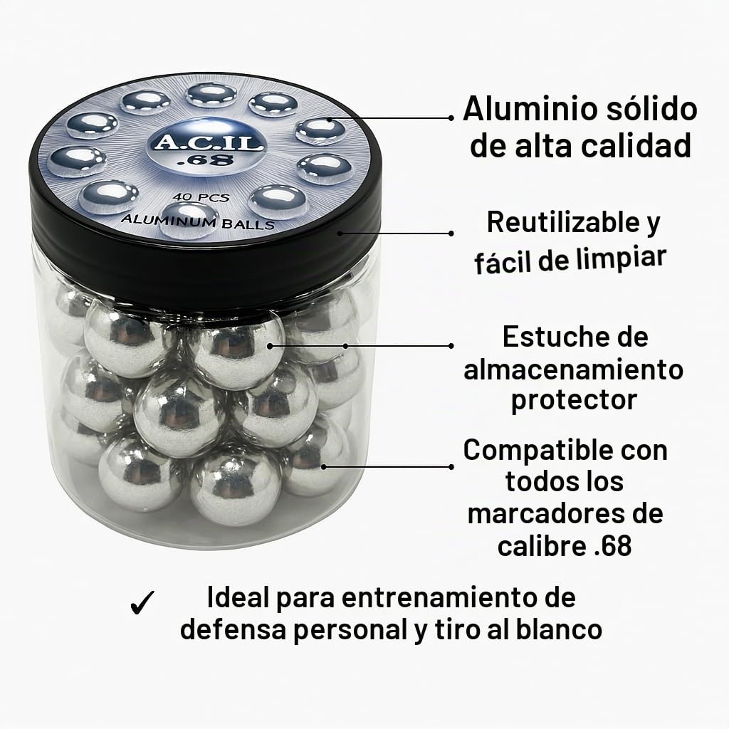 Bolas de aluminio 68 Cal. Reutilizables Paintballs Powerballs para Práctica de Tiro y Defensa (40 piezas)