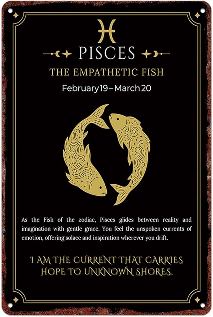 BGUXIG Vintage Metal Signs Pisces zodiac fish celestial star symbol in gold circle ornamental de Posters Wall Art Print for Office Dorm Man Cave Garage Decor 8X12inch