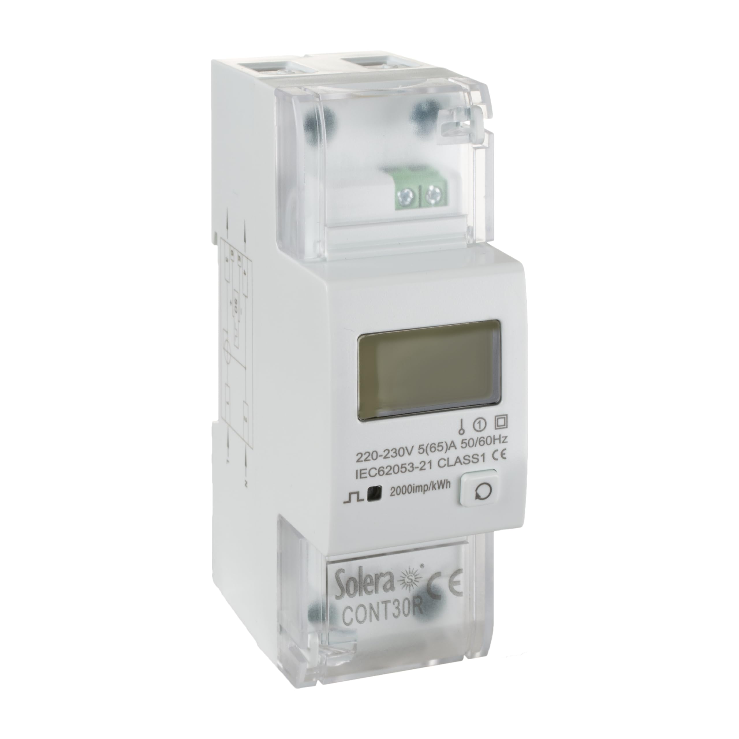 Solera jednofazowy licznik 80 A, 2 moduły (36 mm), 230 V, 50/60 Hz, klasa 1 • wyświetlacz 5 + 1 cyfr z resetem, wyjście impulsowe, montaż DIN 35 mm • Temp. -5°C / +40°C • Cert. CE UK RoHS • CONT30R (1