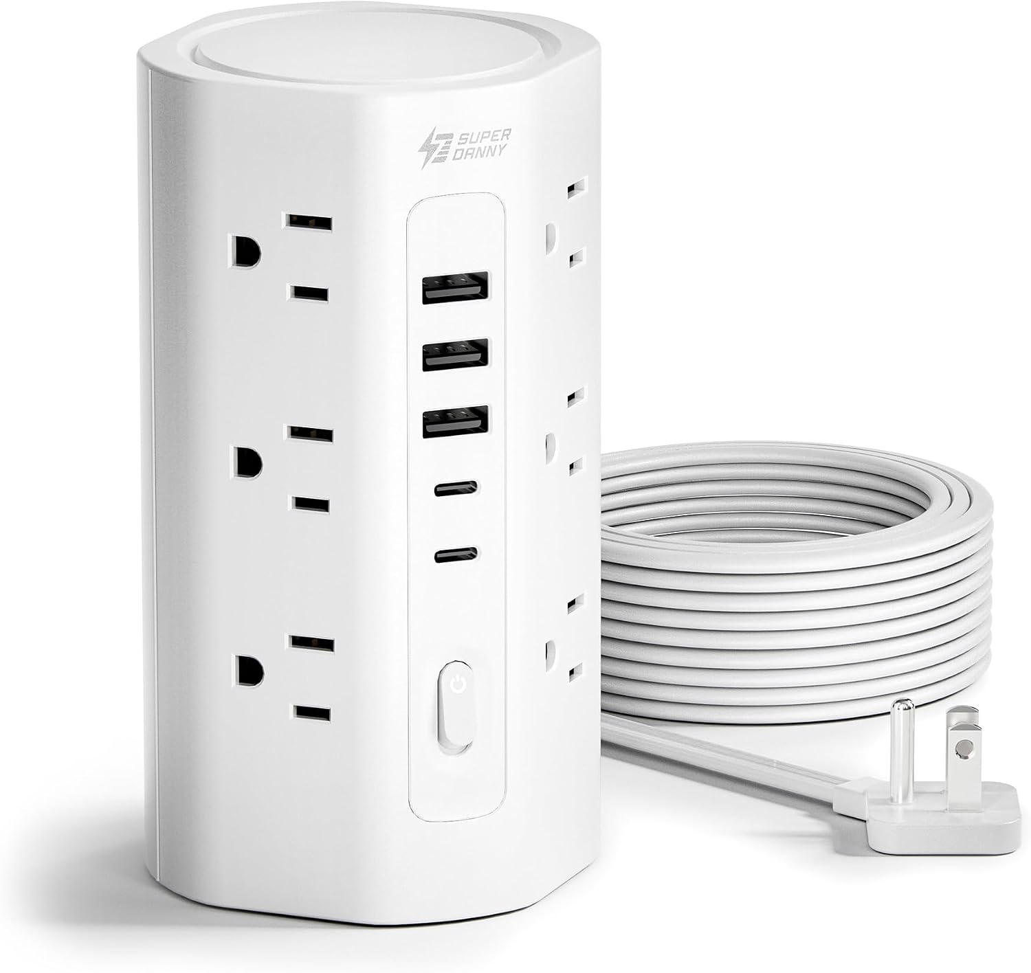 10Ft Extension Cord Power Strip Tower with Multiple Outlets, Flat Plug Power Tower 1700J Surge Protector, 12 AC Outlets 5 USB Ports (2 USB C), Desk USB Charging Station, Home Office Dorm Room, White